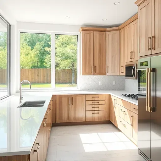 Recently upgraded modern kitchen in West Chester Township OH with sleek wood veneer cabinets quartz countertops tiled backsplash and lush backyard view