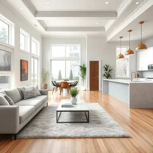 Modern Glendale OH living room with open floor plan, sleek furniture, natural light, and stylish kitchen features.