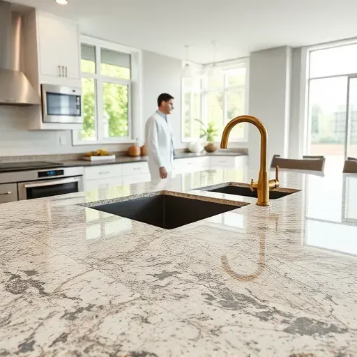 Polished granite kitchen countertop with natural patterns, rich colors, subtle reflections, modern fixtures, and bright spacious setting