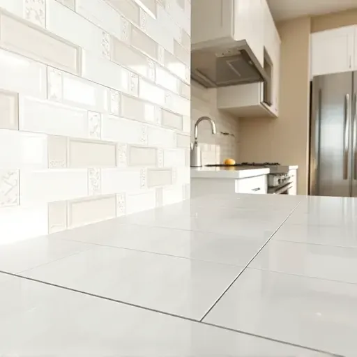 Close-up of a glossy ceramic backsplash in a modern kitchen with neutral countertops, stainless appliances, and natural light.