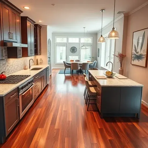 Modern kitchen remodel in Sharonville, OH with granite countertops, hardwood flooring, and inviting dining area.