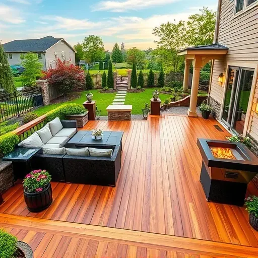 Beautiful wooden deck and patio in West Chester Township Ohio with outdoor furniture lush greenery and landscaped yard