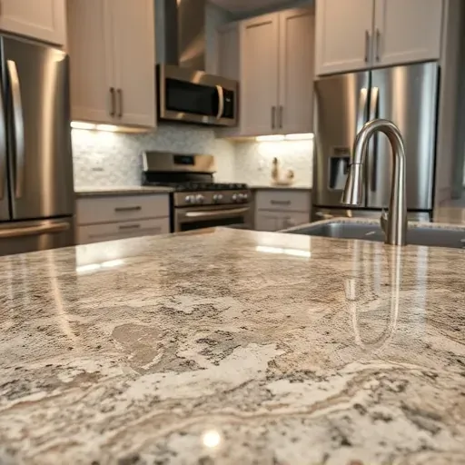 Granite countertop with natural veining and glossy finish in a modern kitchen with stainless steel appliances in West Chester Ohio