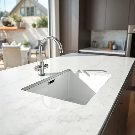 Modern kitchen with sleek undermount sink, polished granite countertops, stylish backsplash, and organized accessories under natural light