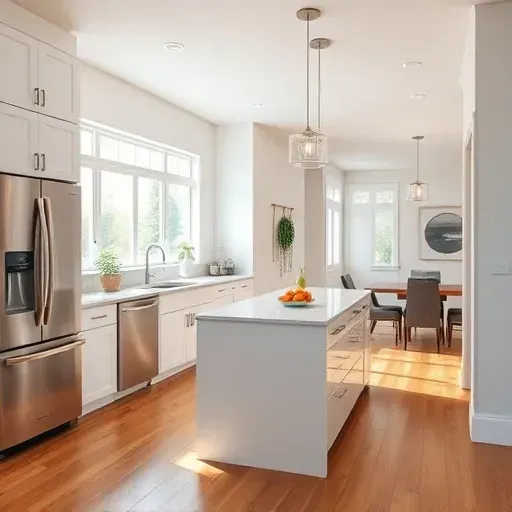 Renovated kitchen in Colerain Township OH features stainless steel appliances, quartz island, and warm wooden floors.