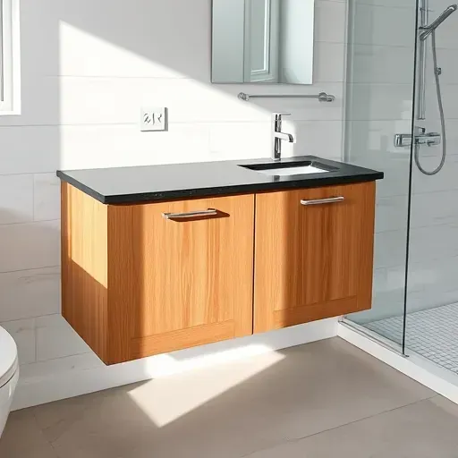 Freshly installed warm oak modern bathroom cabinet in West Chester Ohio with granite countertop, chrome handles, and minimalist fixtures