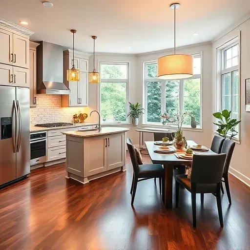 Modern kitchen remodel in Kenwood OH with sleek cabinetry, granite counters, pendant lighting, and cozy dining area.
