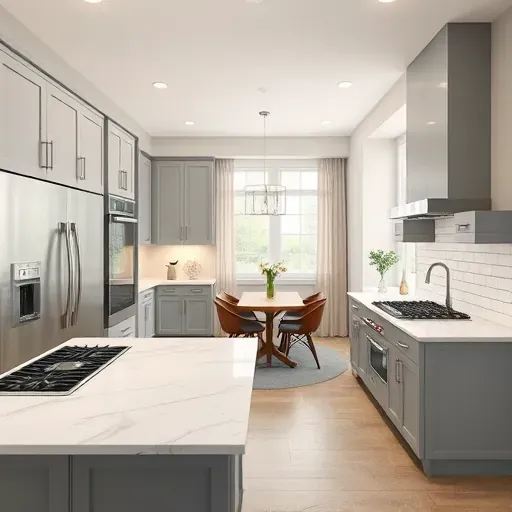 Beautifully remodeled Deer Park kitchen with modern gray cabinetry, quartz countertops, and stainless steel appliances.