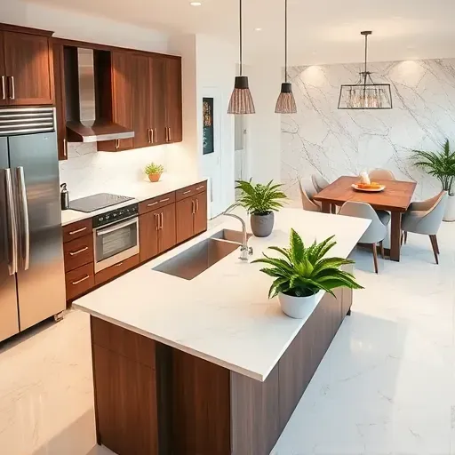 Modern kitchen remodel in Silverton OH with quartz countertops, dark cabinets, stainless appliances, and stylish decor.
