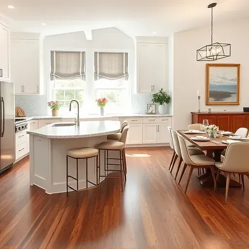 Modern Springdale kitchen remodel showcasing white cabinetry, marble countertops, hardwood floors, and chic dining area.