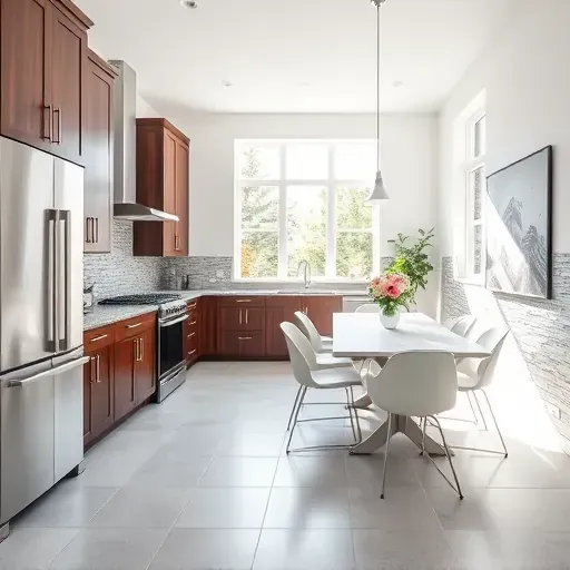 Modern kitchen remodel in Forest Park OH featuring dark wood cabinets, granite countertops, and stylish dining area.