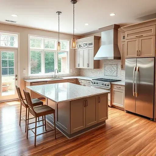 Modern kitchen remodel in Mason, OH with sleek appliances, granite countertops, custom cabinetry, and elegant lighting.