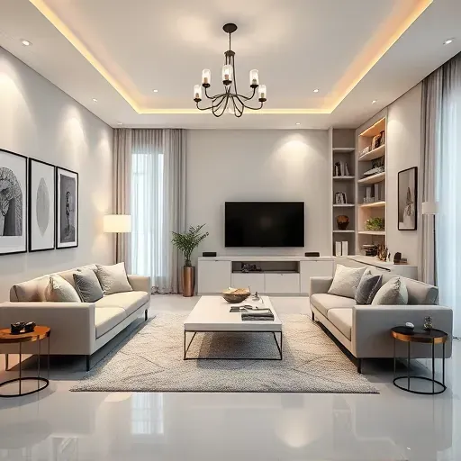 Modern living room in Oxford OH featuring soft grays and whites, stylish decor, and natural light from large windows.