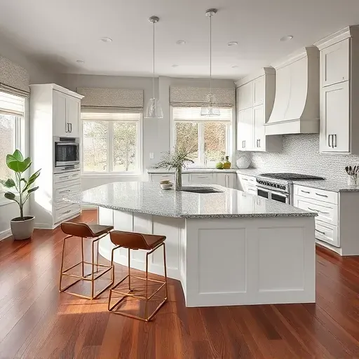 Modern kitchen remodel in Vandalia, OH with granite island, sleek stools, custom cabinetry, and warm-toned mosaic backsplash.