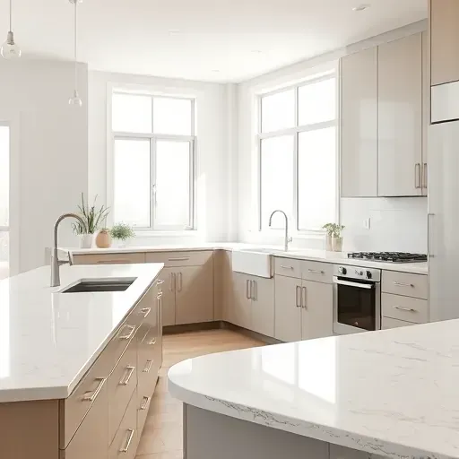 Beautiful polished quartz countertops in an elegant West Chester Township kitchen with natural light and modern cabinetry