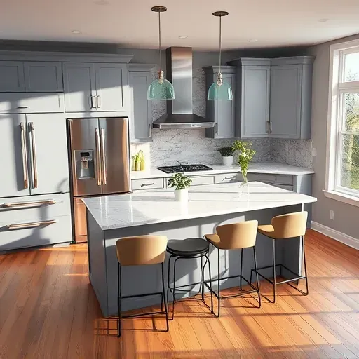 Modern kitchen remodel in Greenhills, OH, featuring a sleek island, marble countertops, and ambient lighting.