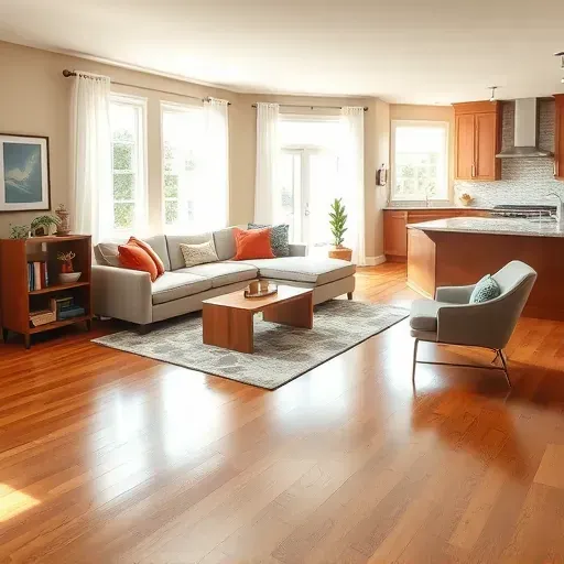 Brightly renovated living room in Hamilton, OH blends modern and traditional styles with elegant hardwood flooring.