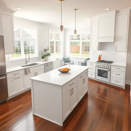 Modern kitchen remodel in Evendale OH with white cabinetry, quartz island, hardwood floors, and natural light.