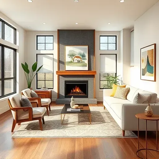 Remodeled living room in Finneytown OH with minimalist furniture, neutral tones, artisan rug, and natural light.