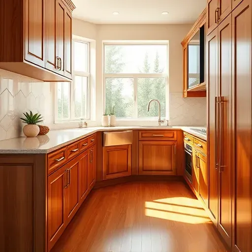Beautiful custom kitchen with polished wooden cabinets, natural light, stainless steel sink, minimalist backsplash, and hardwood flooring