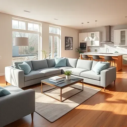 Modern remodeled living room in Germantown OH featuring minimalist furniture, sunlight, and an open-concept kitchen.