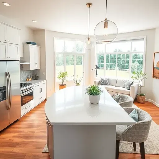 Modern remodeled living space in Englewood OH with quartz kitchen, bright living room, and nature-inspired decor.