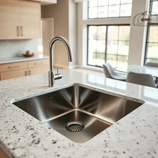 Flawlessly installed stainless steel kitchen sink in a modern West Chester Ohio kitchen with granite countertops and bright natural light