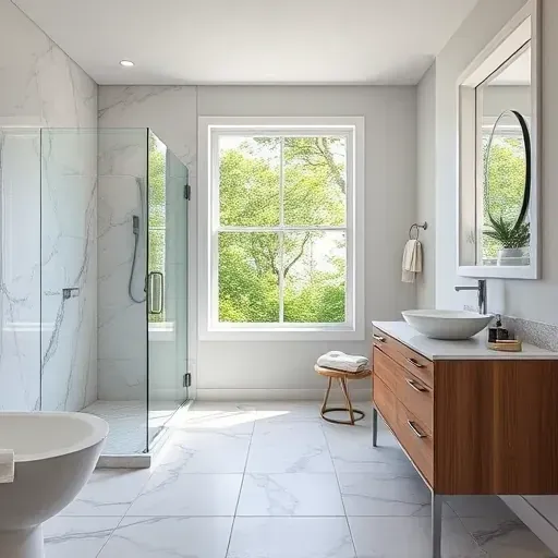 Remodeled West Chester Township bathroom with walk-in shower, marble tiles, modern vanity, natural light, and lush greenery view