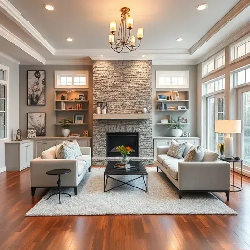 Elegant living room remodel in West Chester Township with gray walls, hardwood floors, stone fireplace, and curated decor.