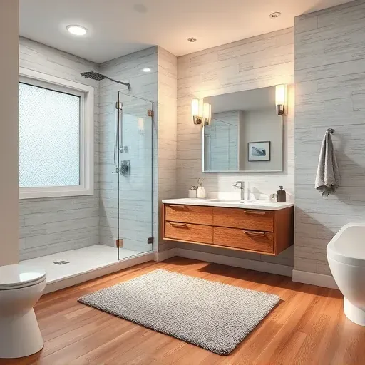 Remodeled West Chester Ohio bathroom with sleek fixtures, glass shower, floating vanity, elegant tile, and warm lighting
