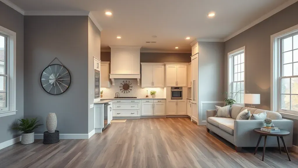 Remodeling in Sharonville, OH with modern kitchen and living room design elements.