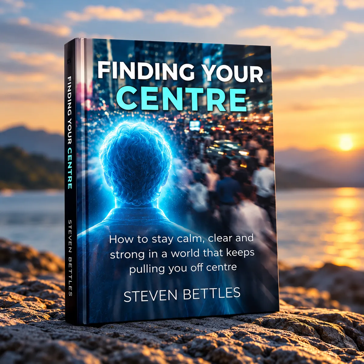 Finding Your Centre — book standing at a sunset mountain lake, with the approved blue cover