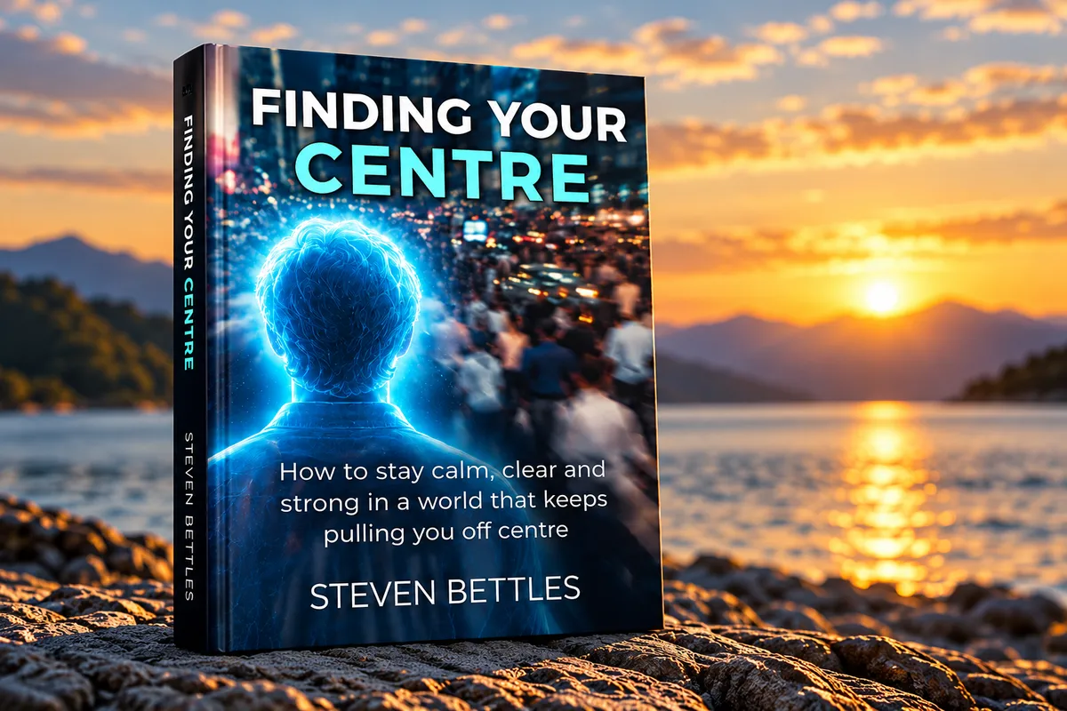 Finding Your Centre book on a lakeside at sunrise