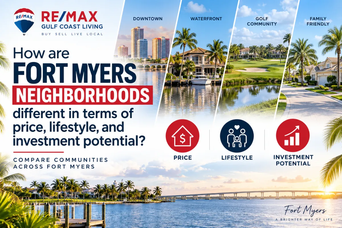 Fort Myers neighborhoods blog thumbnail showing waterfront, downtown, golf, and family-friendly communities with icons for price, lifestyle, and investment potential.