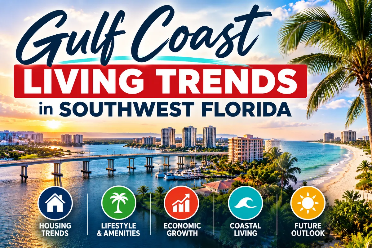Luxury waterfront homes with palm trees and a market trend graph