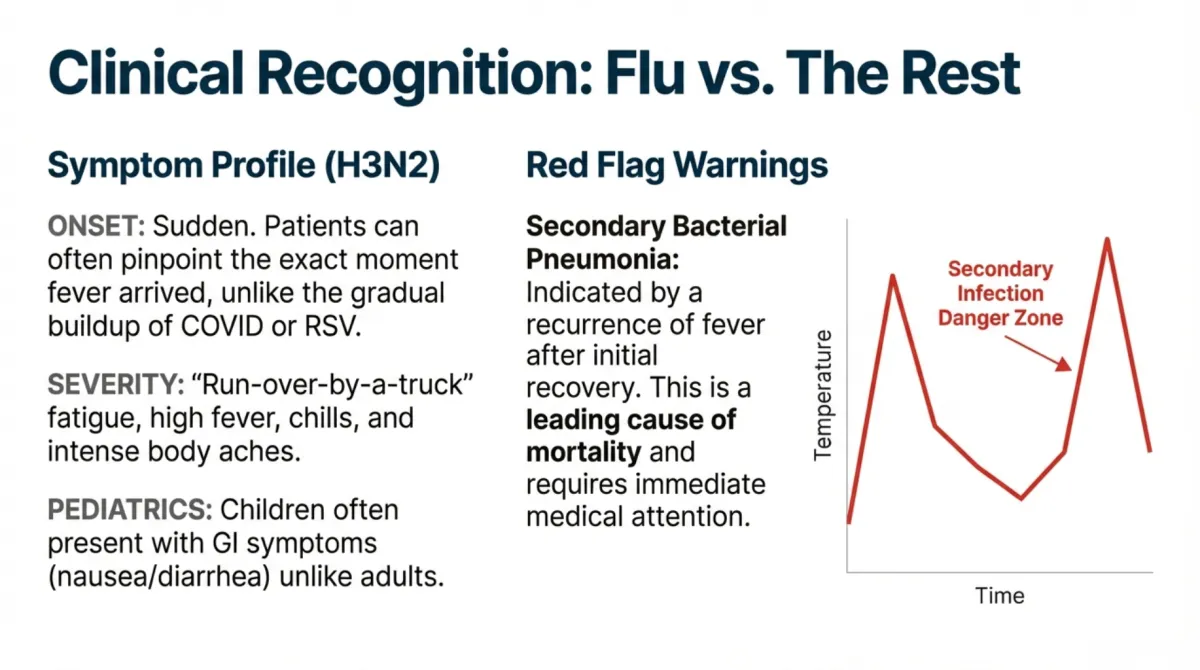 alt="Clinical Recognition: Flu vs. The Rest — Symptom Profile (H3N2): onset is sudden, severity described as ‘run-over-by-a-truck’ fatigue with high fever, chills, intense body aches; pediatrics often present GI symptoms (nausea/diarrhea) unlike adults; Red Flag Warnings: secondary bacterial pneumonia signaled by recurrence of fever after initial recovery, a leading cause of mortality requiring immediate medical attention; temperature-time graph labeled ‘Secondary Infection Danger Zone’"