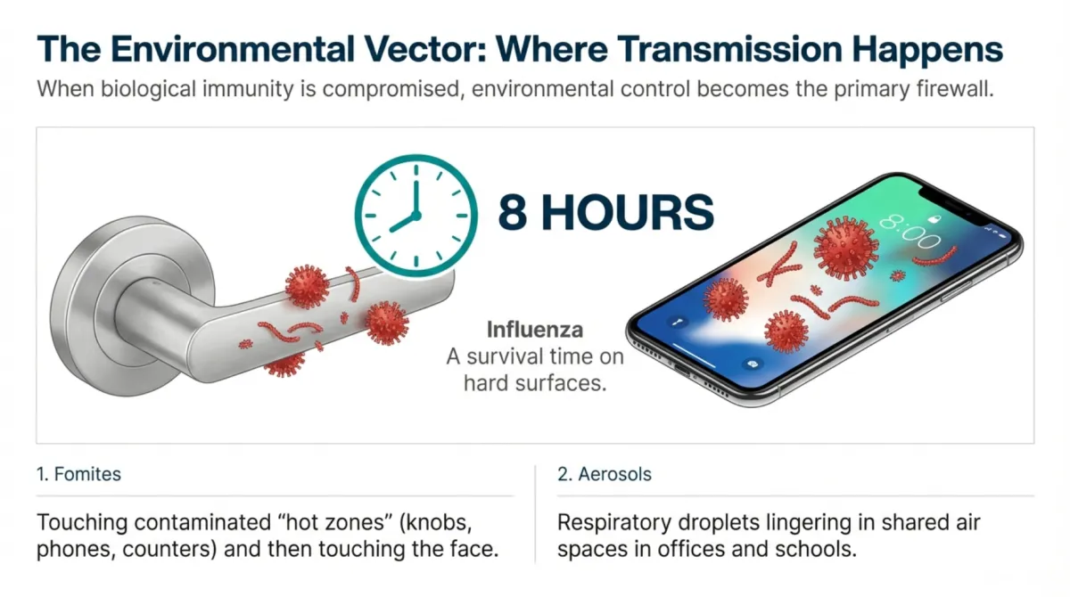 alt="The Environmental Vector: Where Transmission Happens — when biological immunity is compromised, environmental control becomes the primary firewall; influenza survival time on hard surfaces is 8 hours; contaminated door handle and smartphone shown; 1 Fomites: touching ‘hot zones’ (knobs, phones, counters) then touching the face; 2 Aerosols: respiratory droplets lingering in shared air spaces in offices and schools"