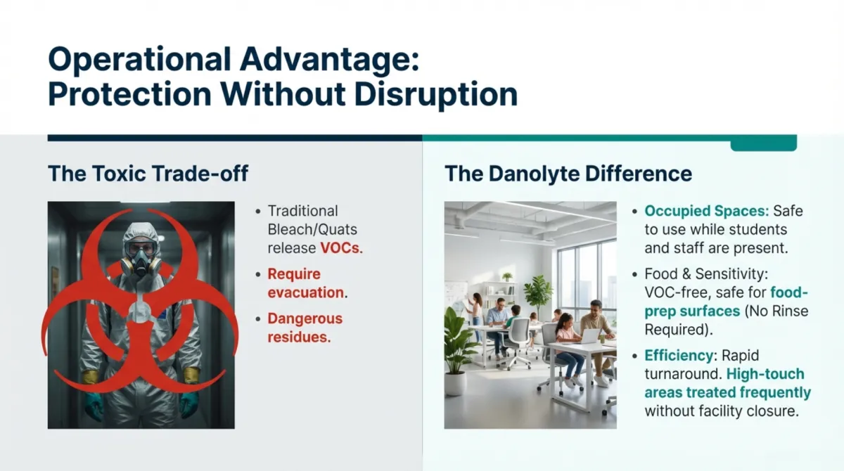 alt="Operational Advantage: Protection Without Disruption — The Toxic Trade-off: traditional bleach/quats release VOCs, require evacuation, and leave dangerous residues; The Danolyte Difference: safe for occupied spaces while students and staff are present, VOC-free and safe for food-prep surfaces (no rinse required), rapid turnaround with high-touch areas treated frequently without facility closure"