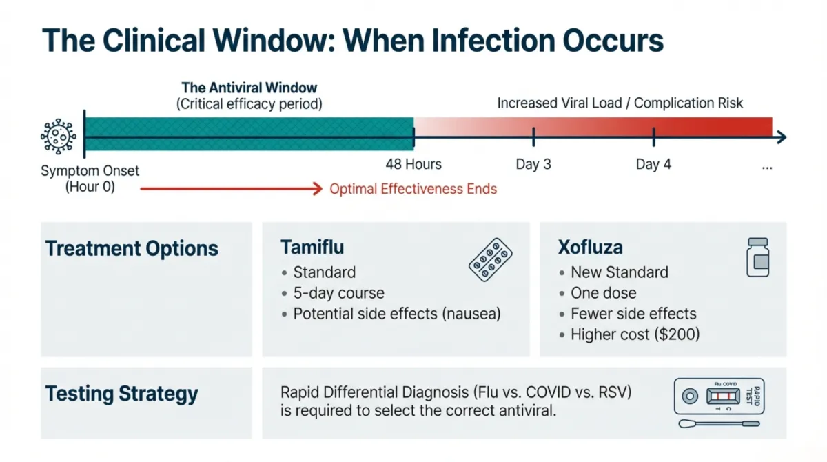 alt="The Clinical Window: When Infection Occurs — antiviral window (critical efficacy period) from symptom onset (hour 0) to 48 hours when optimal effectiveness ends; increased viral load/complication risk by Day 3 and Day 4; Treatment options: Tamiflu standard 5-day course with potential side effects (nausea), Xofluza new standard one-dose option with fewer side effects but higher cost ($200); Testing strategy: rapid differential diagnosis (Flu vs COVID vs RSV) required to select correct antiviral"