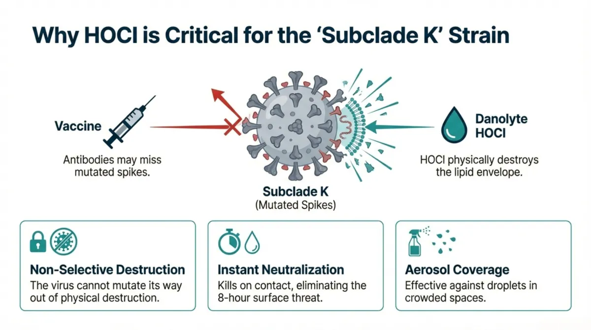 alt="Why HOCl is Critical for the ‘Subclade K’ Strain — vaccine antibodies may miss mutated spikes; Danolyte HOCl physically destroys the lipid envelope; benefits: non-selective destruction (virus cannot mutate its way out of physical destruction), instant neutralization (kills on contact eliminating the 8-hour surface threat), aerosol coverage (effective against droplets in crowded spaces)"