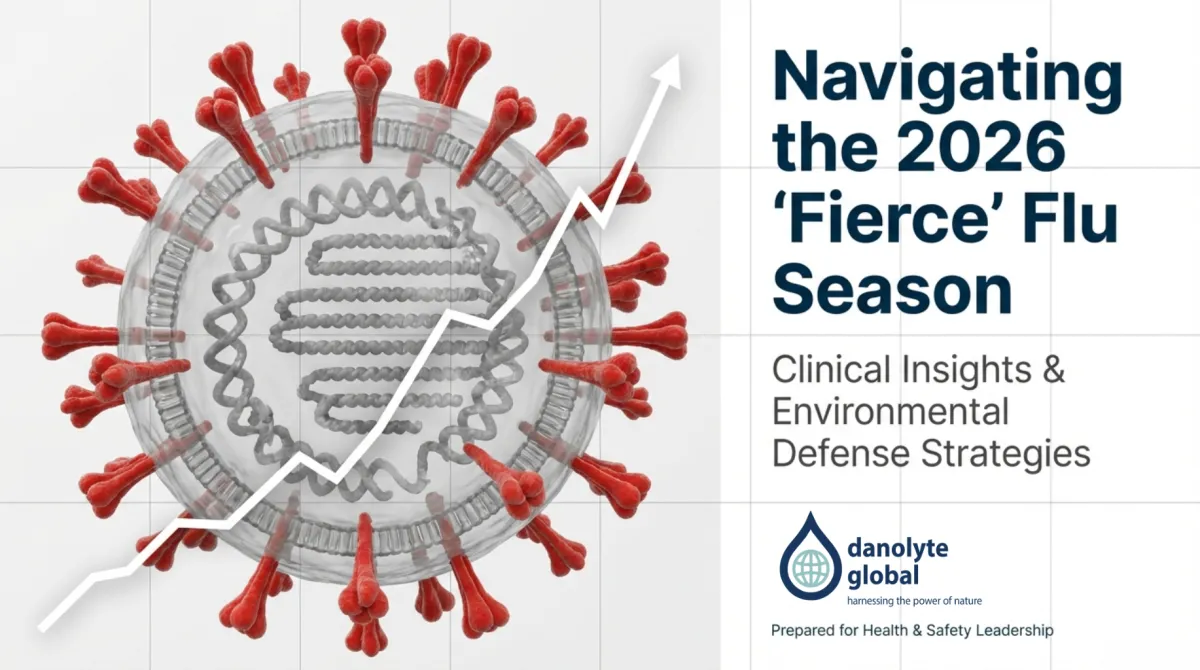 alt="Navigating the 2026 ‘Fierce’ Flu Season — Clinical Insights & Environmental Defense Strategies; Danolyte Global briefing prepared for Health & Safety Leadership; flu virus graphic with upward trend line"