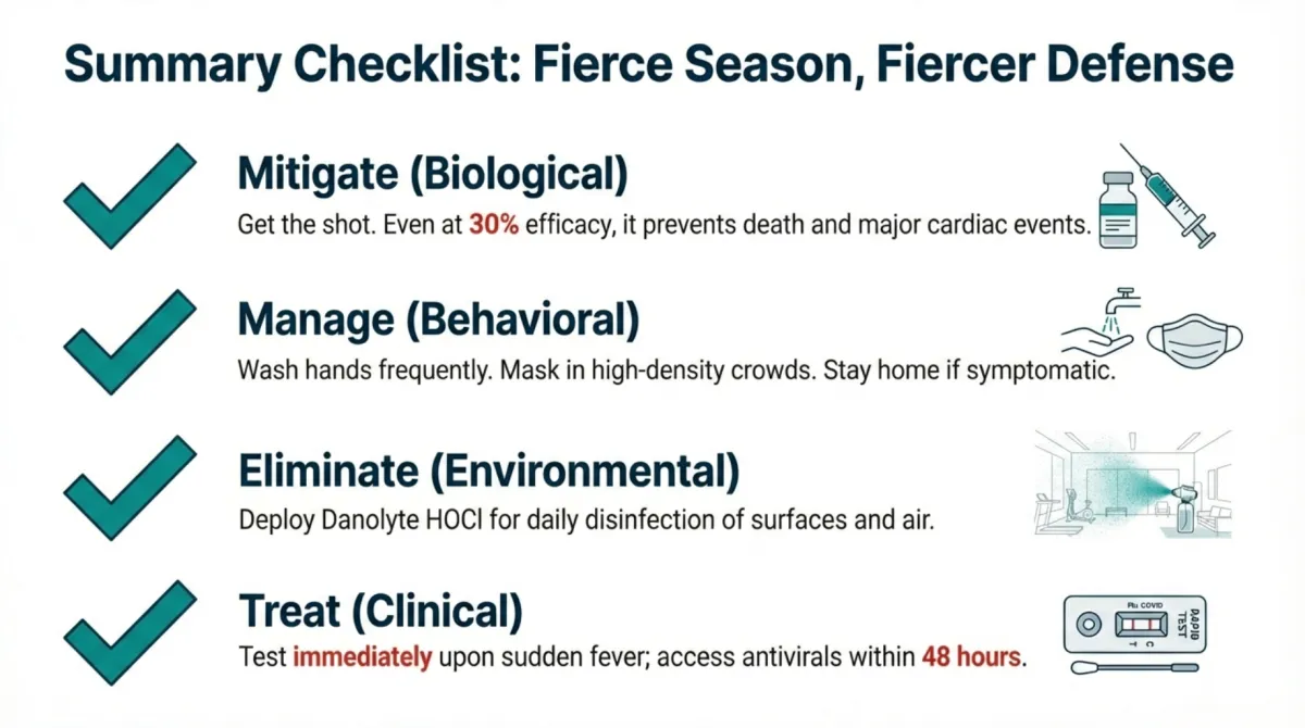 alt="Summary Checklist: Fierce Season, Fiercer Defense — Mitigate (Biological): get the shot, even at 30% efficacy it prevents death and major cardiac events; Manage (Behavioral): wash hands frequently, mask in high-density crowds, stay home if symptomatic; Eliminate (Environmental): deploy Danolyte HOCl for daily disinfection of surfaces and air; Treat (Clinical): test immediately upon sudden fever and access antivirals within 48 hours"