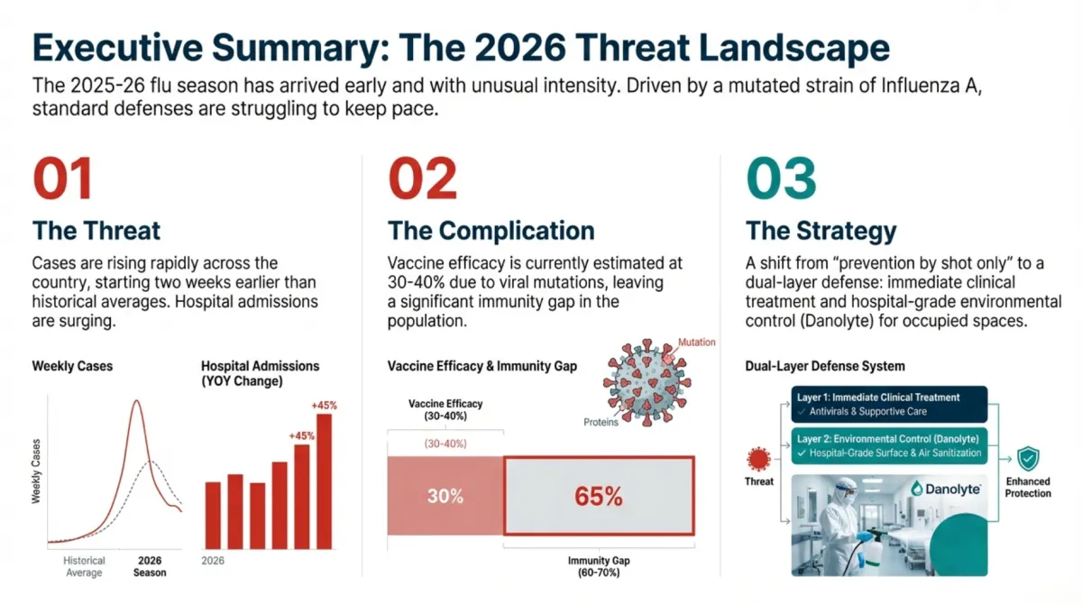 alt="Executive Summary: The 2026 Threat Landscape — 2025–26 flu season arrived early with unusual intensity driven by mutated Influenza A; 01 The Threat: cases rising rapidly, hospital admissions surging (weekly cases chart and hospital admissions YOY change); 02 The Complication: vaccine efficacy estimated 30–40% due to mutations creating ~65% immunity gap; 03 The Strategy: shift from ‘prevention by shot only’ to dual-layer defense: immediate clinical treatment plus hospital-grade environmental control (Danolyte) for occupied spaces; dual-layer defense system diagram"