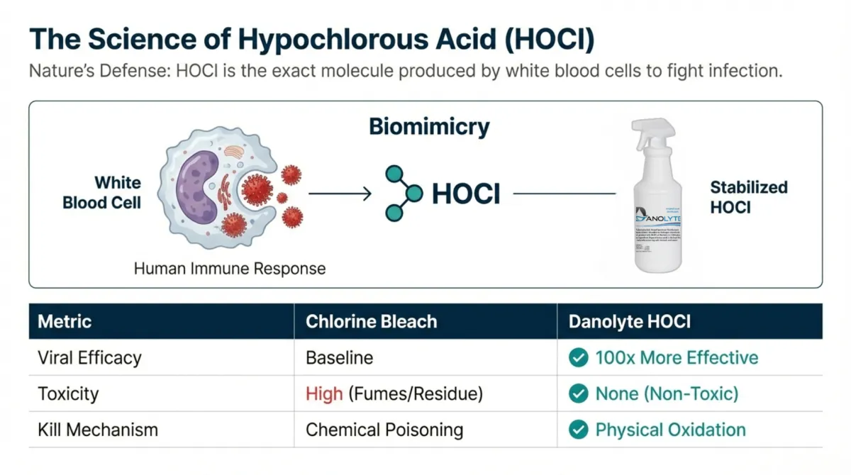 alt="The Science of Hypochlorous Acid (HOCl) — Nature’s defense: HOCl is the exact molecule produced by white blood cells to fight infection; biomimicry graphic shows white blood cell immune response leading to HOCl and stabilized HOCl (Danolyte); comparison table: chlorine bleach baseline viral efficacy vs Danolyte HOCl 100x more effective; bleach toxicity high (fumes/residue) vs Danolyte none (non-toxic); kill mechanism chemical poisoning vs physical oxidation"