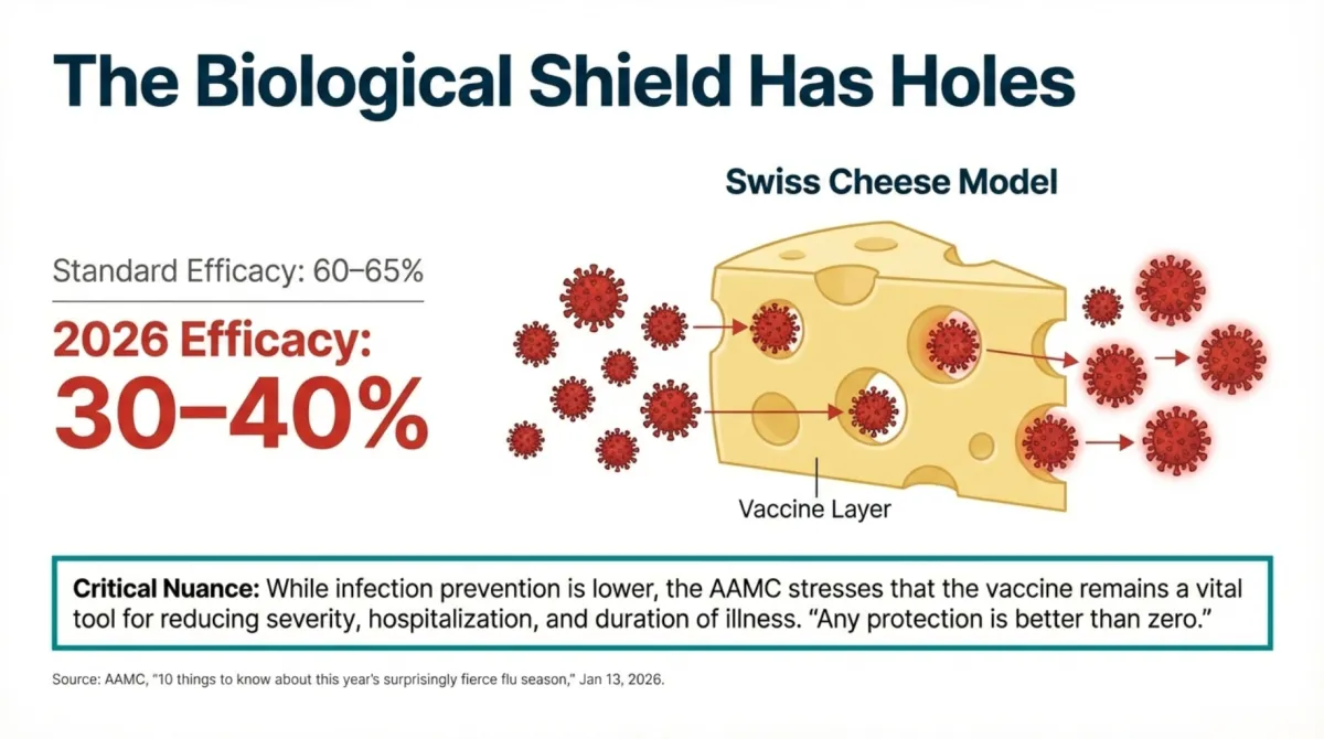 alt="The Biological Shield Has Holes — Swiss Cheese Model showing vaccine layer; standard efficacy 60–65% vs 2026 efficacy 30–40%; critical nuance: vaccine remains a vital tool for reducing severity, hospitalization, and duration of illness; ‘Any protection is better than zero’"
