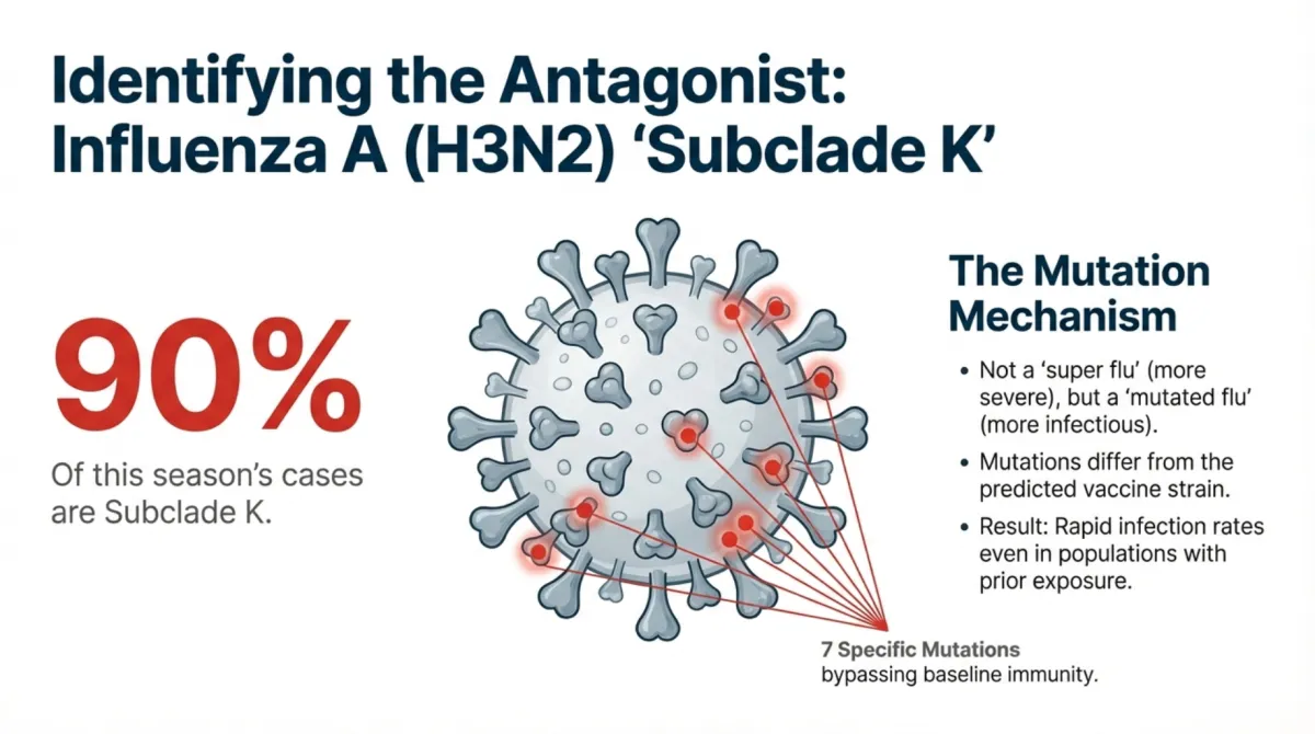 alt="Identifying the Antagonist: Influenza A (H3N2) ‘Subclade K’ — 90% of this season’s cases are Subclade K; mutation mechanism: not a ‘super flu’ but a ‘mutated flu’ (more infectious), mutations differ from predicted vaccine strain, resulting in rapid infection rates even in populations with prior exposure; diagram notes 7 specific mutations bypassing baseline immunity"