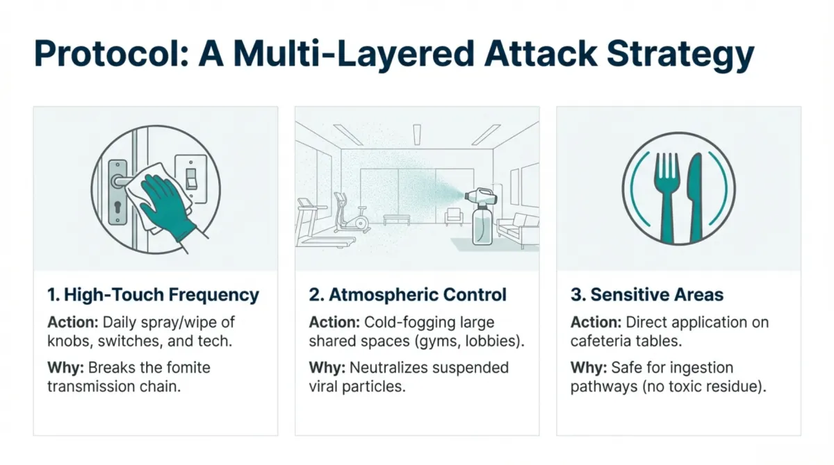 alt="Protocol: A Multi-Layered Attack Strategy — 1 High-Touch Frequency: daily spray/wipe of knobs, switches, and tech to break the fomite transmission chain; 2 Atmospheric Control: cold-fogging large shared spaces (gyms, lobbies) to neutralize suspended viral particles; 3 Sensitive Areas: direct application on cafeteria tables, safe for ingestion pathways with no toxic residue"