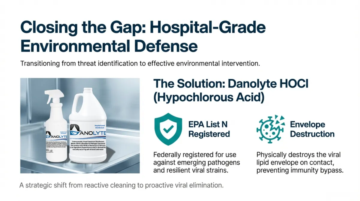 alt="Closing the Gap: Hospital-Grade Environmental Defense — The Solution: Danolyte HOCl (Hypochlorous Acid) with product bottles shown; EPA List N registered for use against emerging pathogens and resilient viral strains; Envelope Destruction: physically destroys the viral lipid envelope on contact, preventing immunity bypass; message emphasizes shift from reactive cleaning to proactive viral elimination"