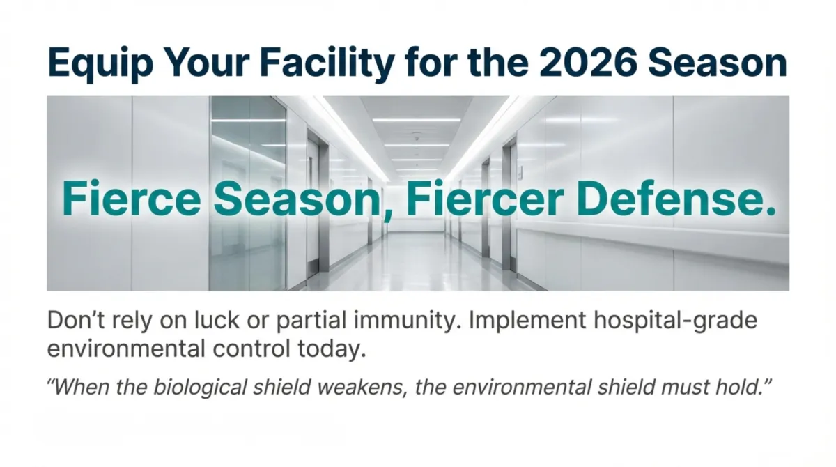 alt="Equip Your Facility for the 2026 Season — Fierce Season, Fiercer Defense; message: don’t rely on luck or partial immunity, implement hospital-grade environmental control today; quote: ‘When the biological shield weakens, the environmental shield must hold.’"