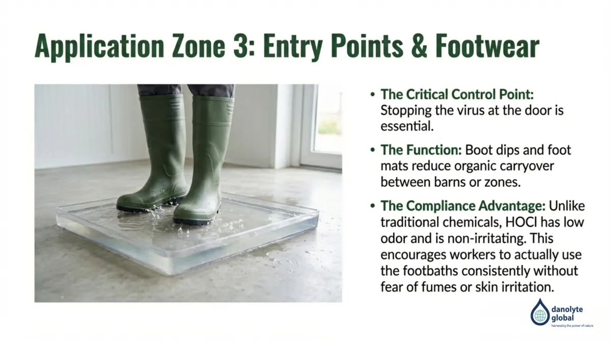 alt="Application Zone 3: Entry Points and Footwear — critical control point is stopping the virus at the door; boot dips and foot mats reduce organic carryover between barns/zones; compliance advantage: HOCl has low odor and is non-irritating, encouraging consistent use of footbaths without fear of fumes or skin irritation"